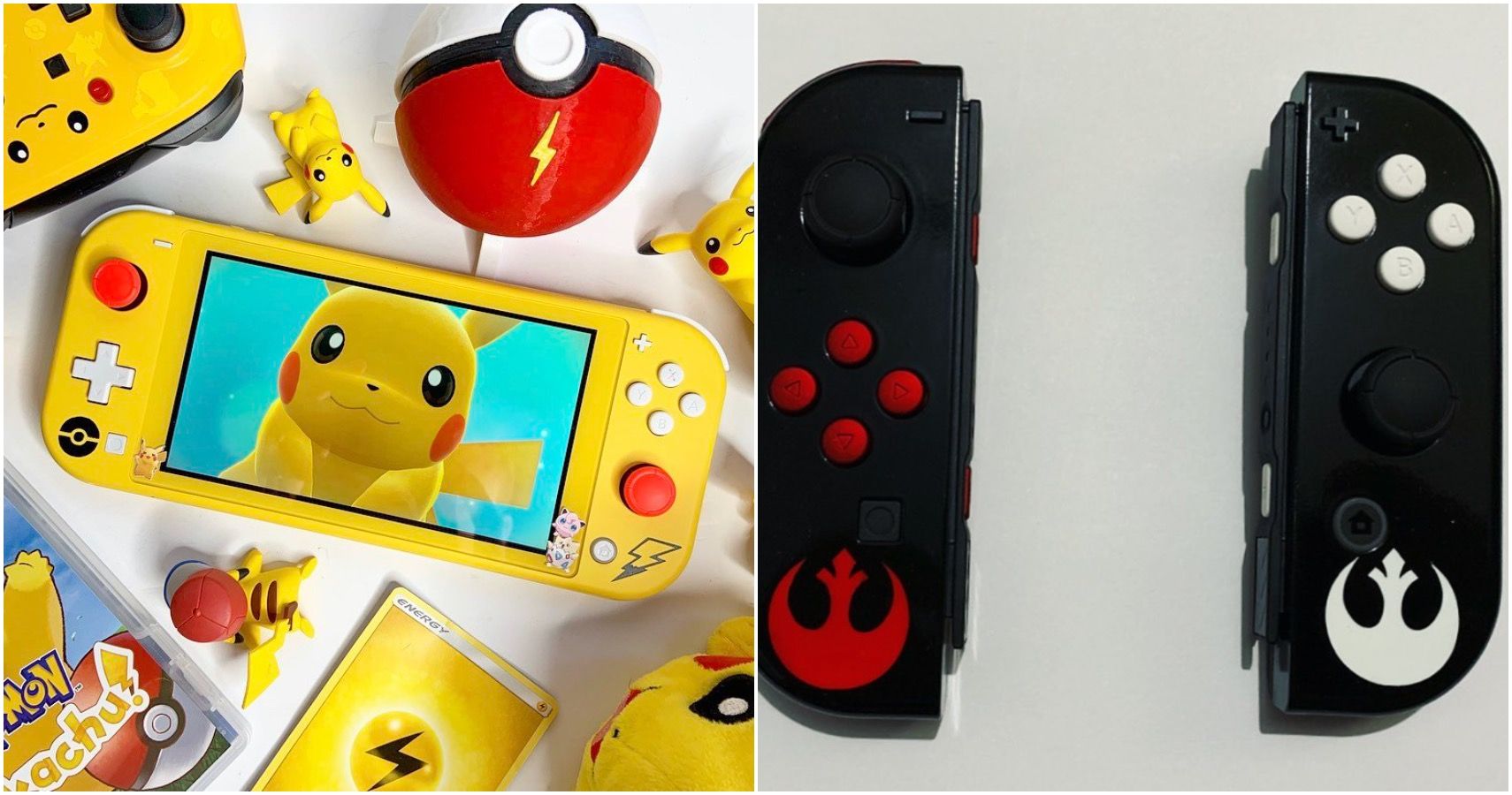 A Switch with a Pikachu skin and joy cons with the Rebel logo