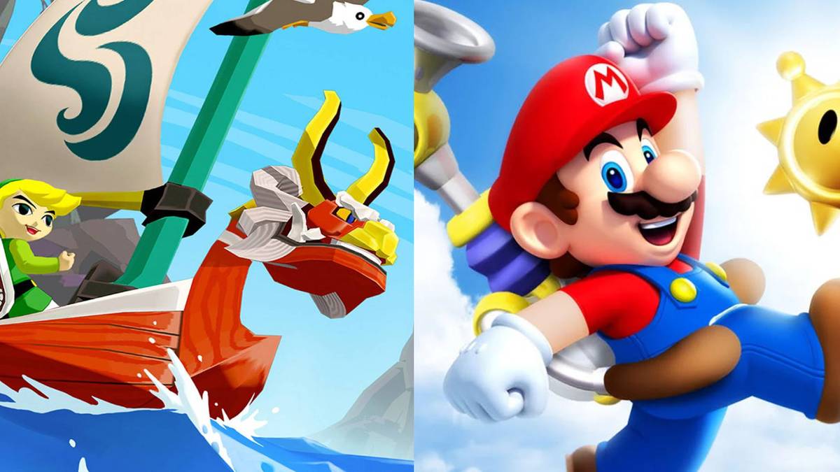 (Left) Promotional image of Link sailing in Wind Waker (Right) Promotional image of Mario in Super Mario Sunshine