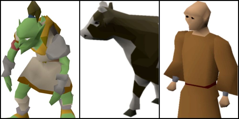 A Goblin, Cow, and Monk from Old School Runescape