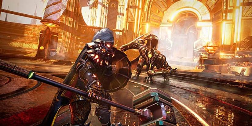 Godfall Valorant Knight Blocking With Shield During Boss Fight