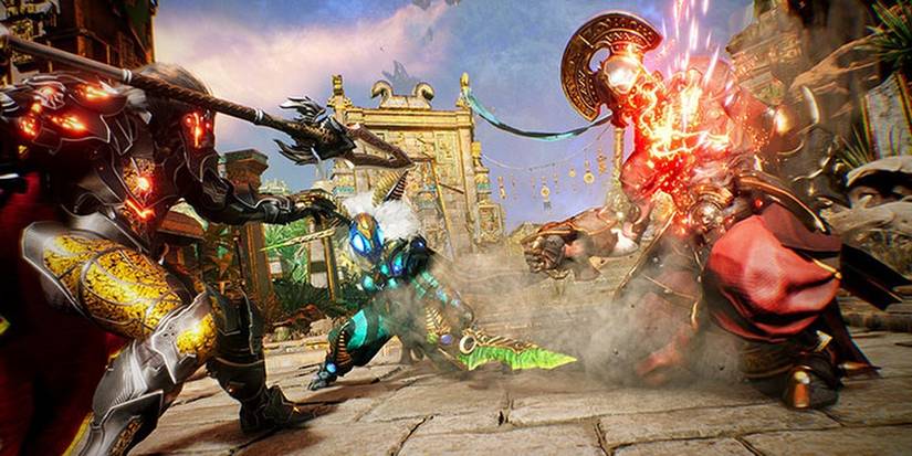 Godfall Valorant Knight With Polearm Against Two Enemies