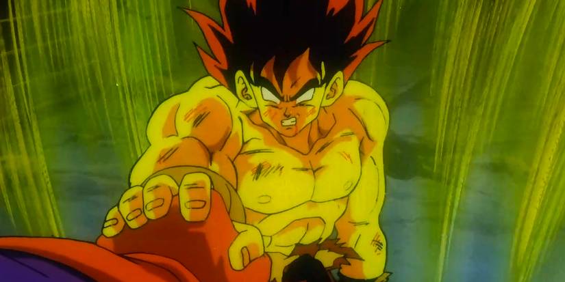 Goku, in his False Super Saiyan form, stopping Lord Slug's punch with one hand