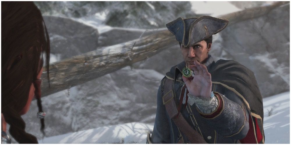 Haytham Kenway showing the key to the temple to Connor's mother