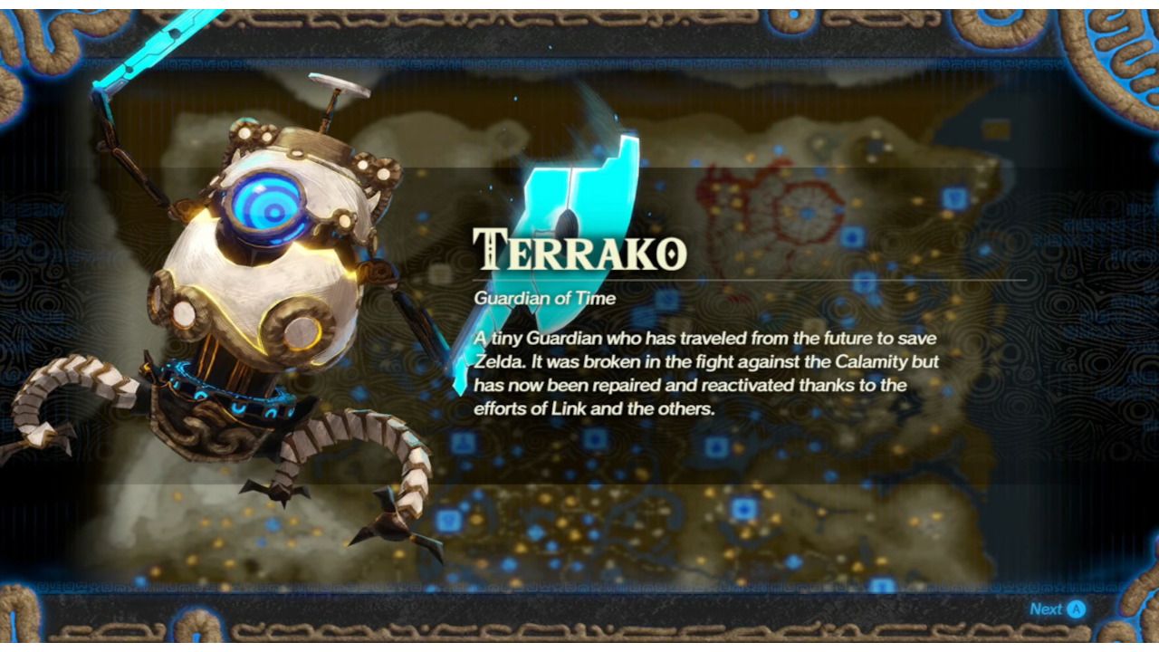 Terrako is the mini Guardian who travels back in time to save Zelda in Hyrule Warriors: Age of Calamity