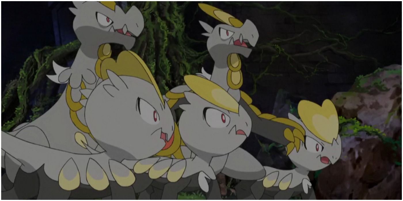 pokemon jangmo-o and hakamo startled in a cave