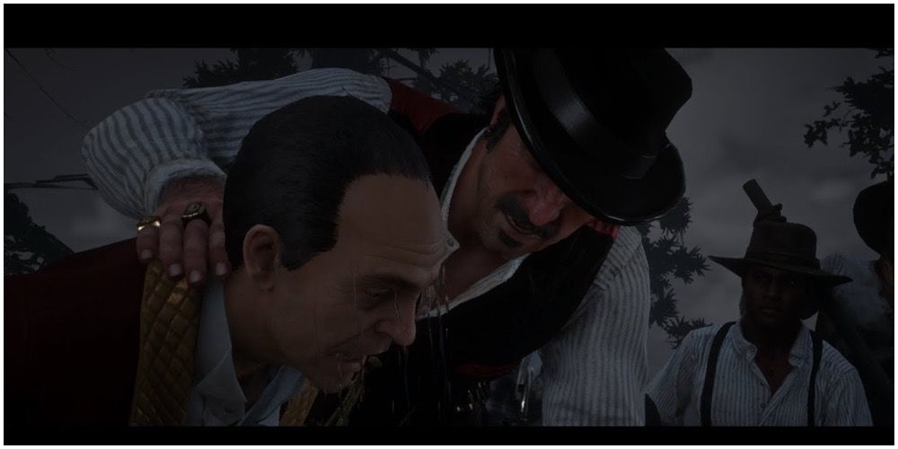 A cutscene of Dutch pulling Angelo's head out of the water