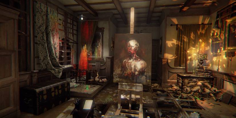 The Painter's Studio within Layers of Fear, showing the devolving painting of the wife. 