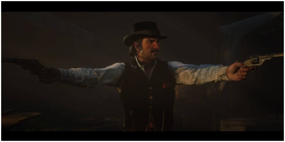 The cutscene where Dutch aims weapons at his former friends