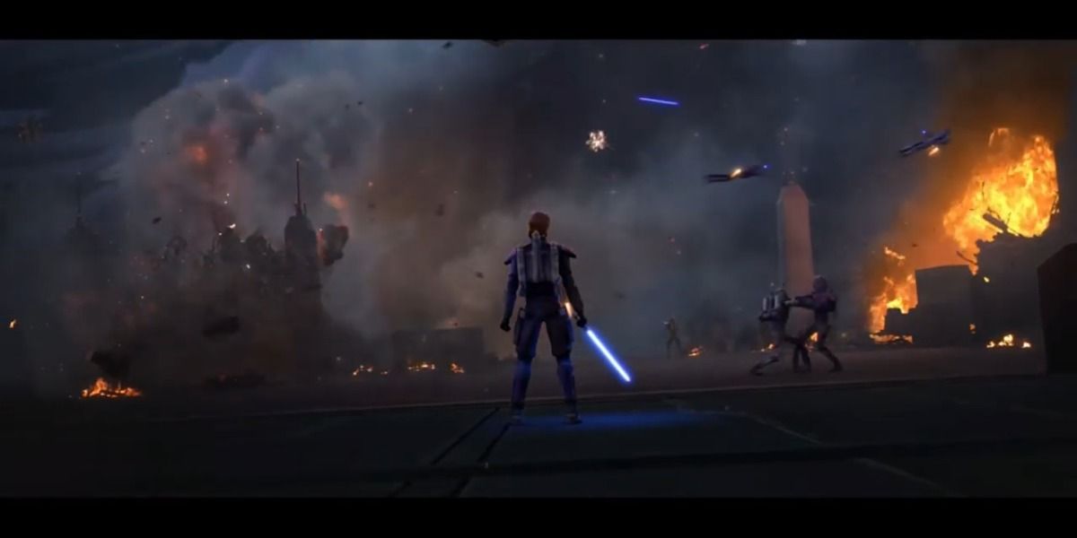 Obi-Wan Kenobi in the middle of a Mandalorian battle.