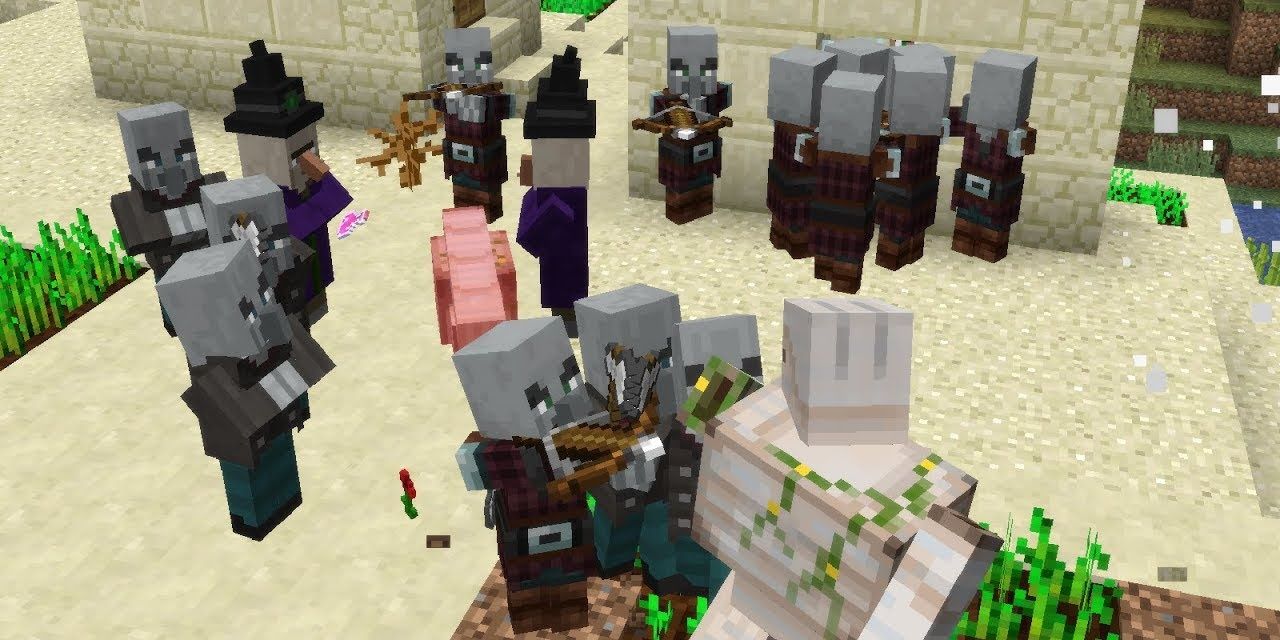 Villagers raiding a village in Minecraft