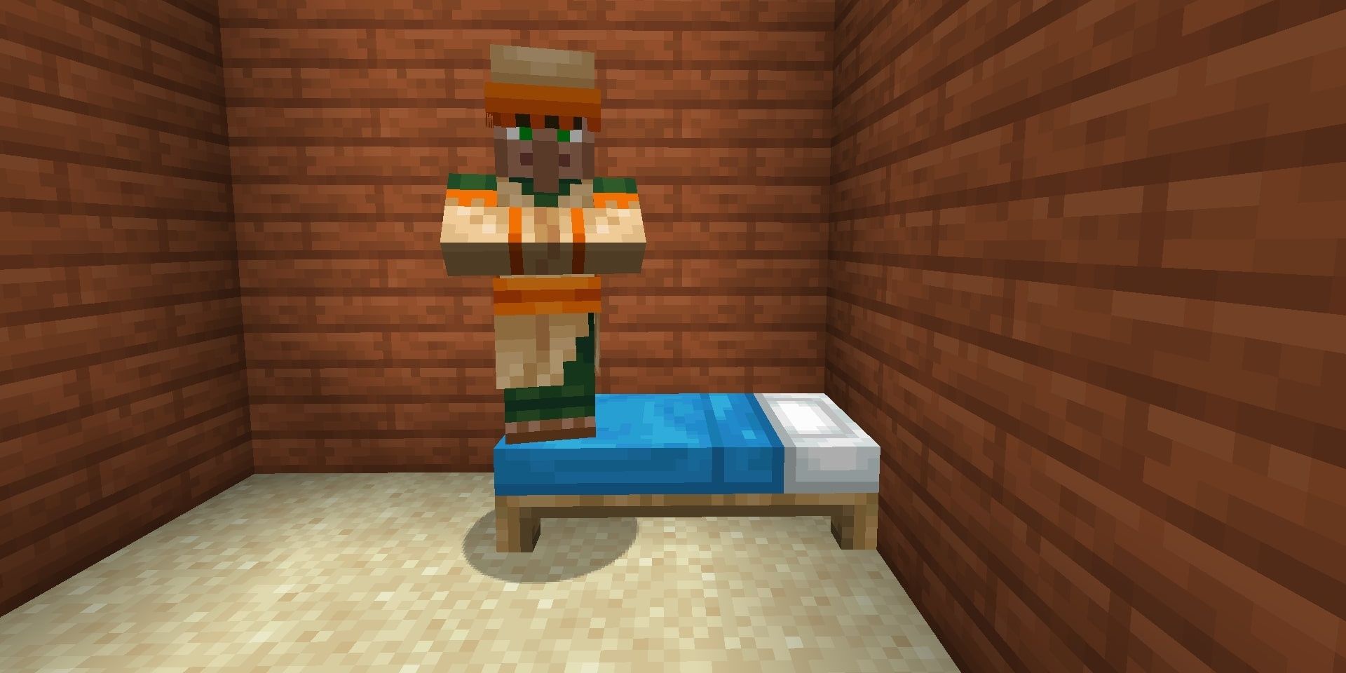 Villager on bed in Minecraft