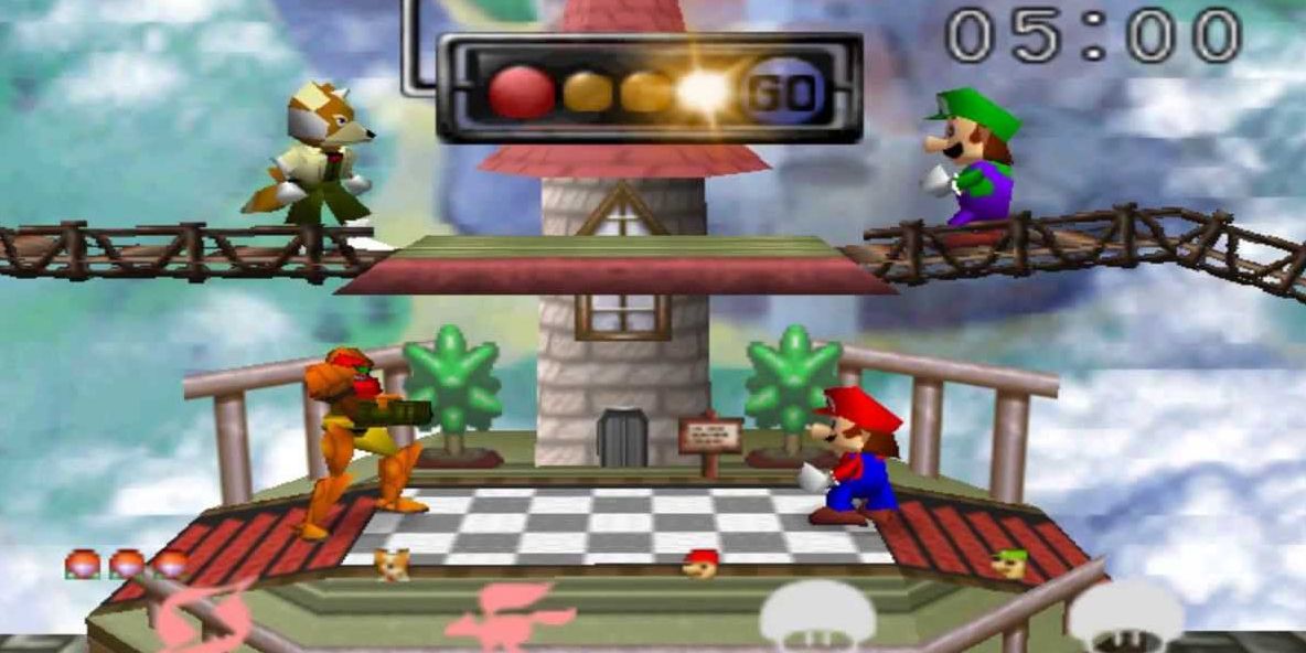 Nintendo N64 Super Smash Bros для четырех игроков на сцене Марио