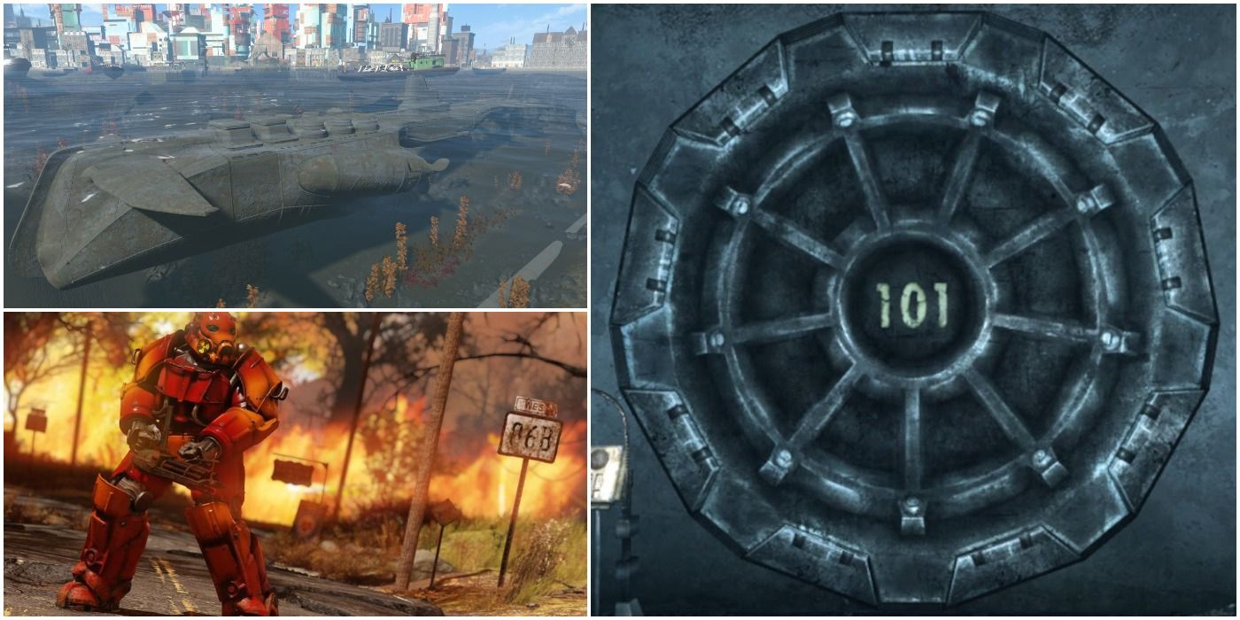 images of a stealth Chinese submarine, Vault 101, and a red power armor suit from Fallout