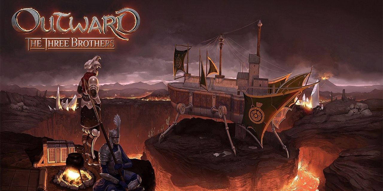 Обложка DLC Outward The Three Brothers с кораблем и лавой на заднем плане