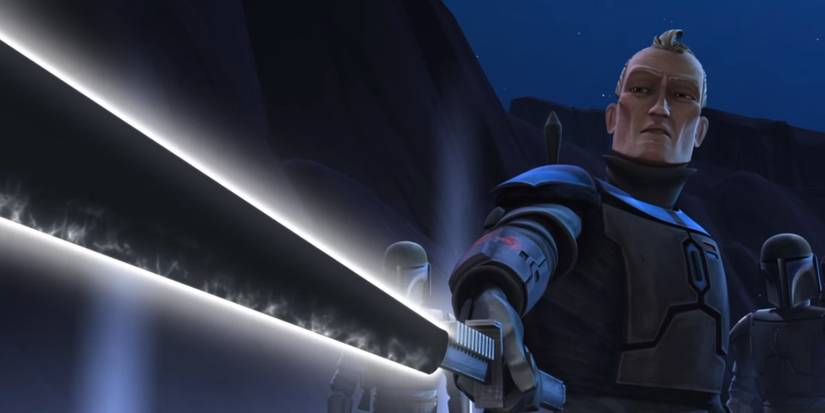 Pre Vizsla wielding the Dark Saber.