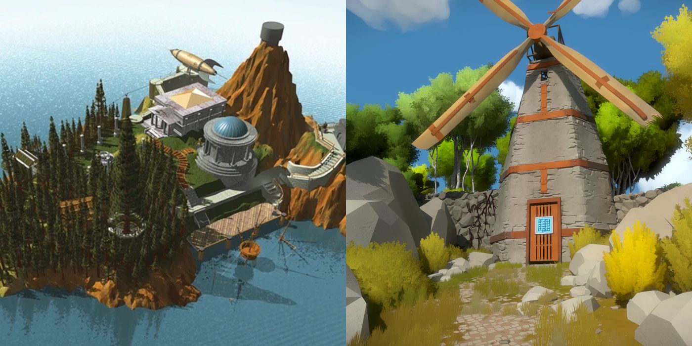 (Left) Myst promotional image (Right) The Witness gameplay image of windmill