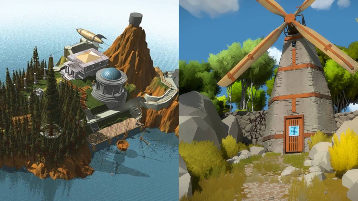 (Left) Myst promotional image (Right) The Witness gameplay image of windmill
