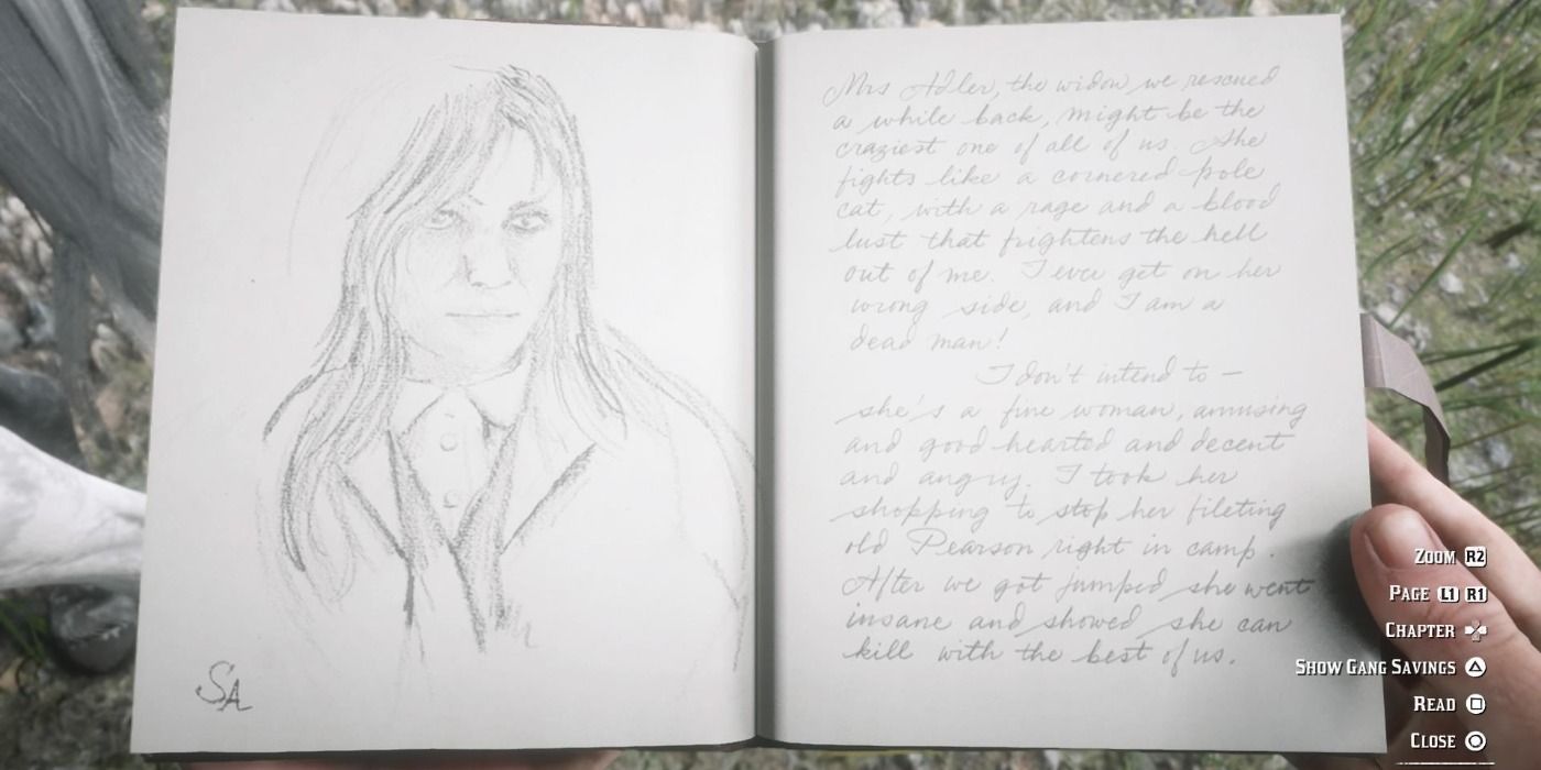 image of Arthur Morgan's journal in Red Dead Redemption 2 featuring a drawing of Sadie Adler
