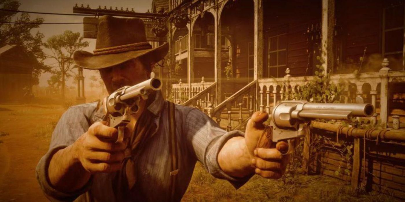 image of Arthur Morgan shooting two pistols in Dead Eye mode from Red Dead Redemption 2