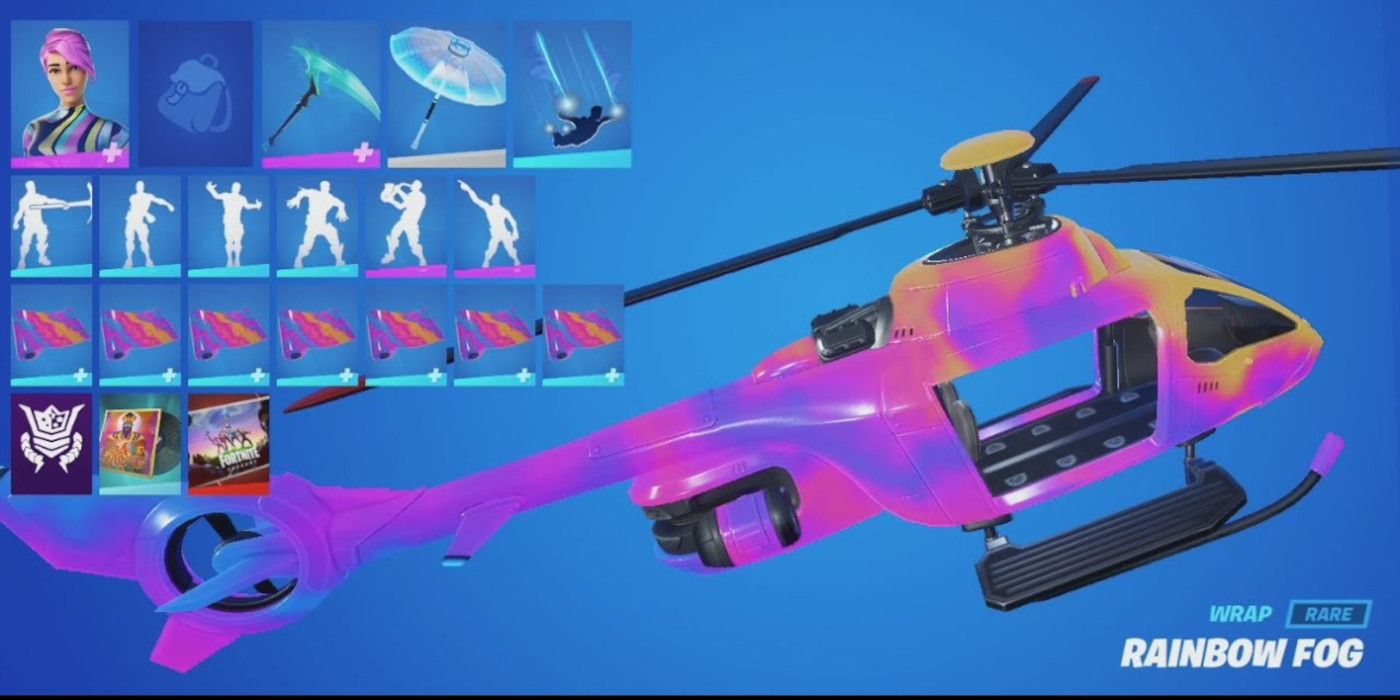 Here's what the rainbow fog wrap looks like on a Fortnite Choppa, get one free with Houseparty app