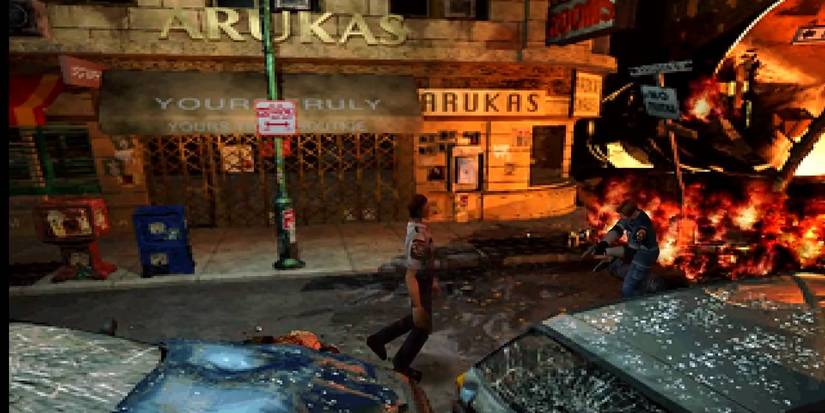 Raccoon City Burning While Leon Fights A Zombie