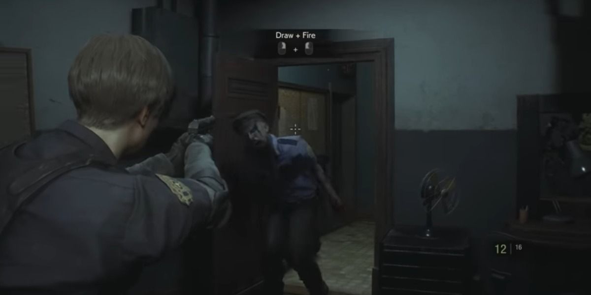 A zombie coming through a door in the Resident Evil 2 remake.
