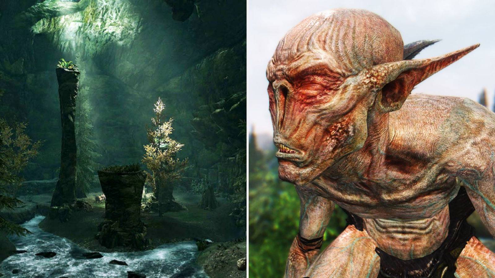 Skyrim Inside Lush Cave And Upclose Screenshot Of Falmer