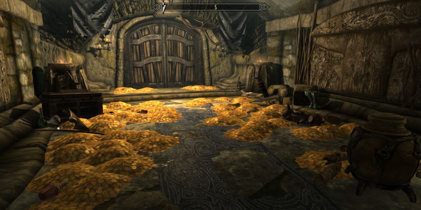 Skyrim dungeon room with piles of gold coins