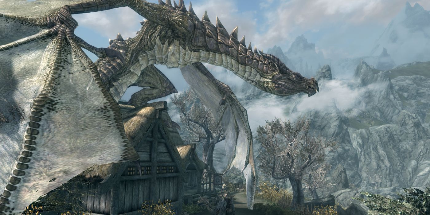 Skyrim huge dragon on a house