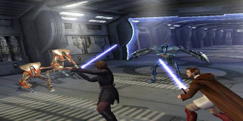 Obi-Wan Kenobi and Anakin Skywalker fighting droids with lightsabers