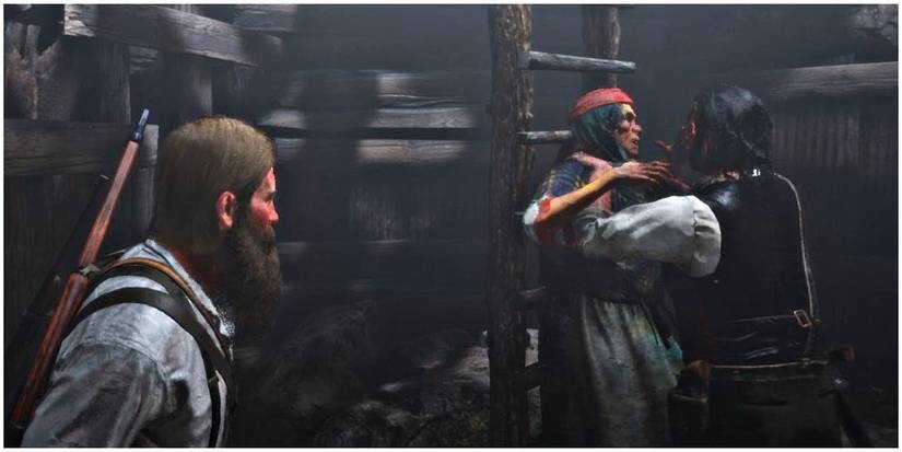 Arthur watching Dutch as he strangles the woman on Guarma