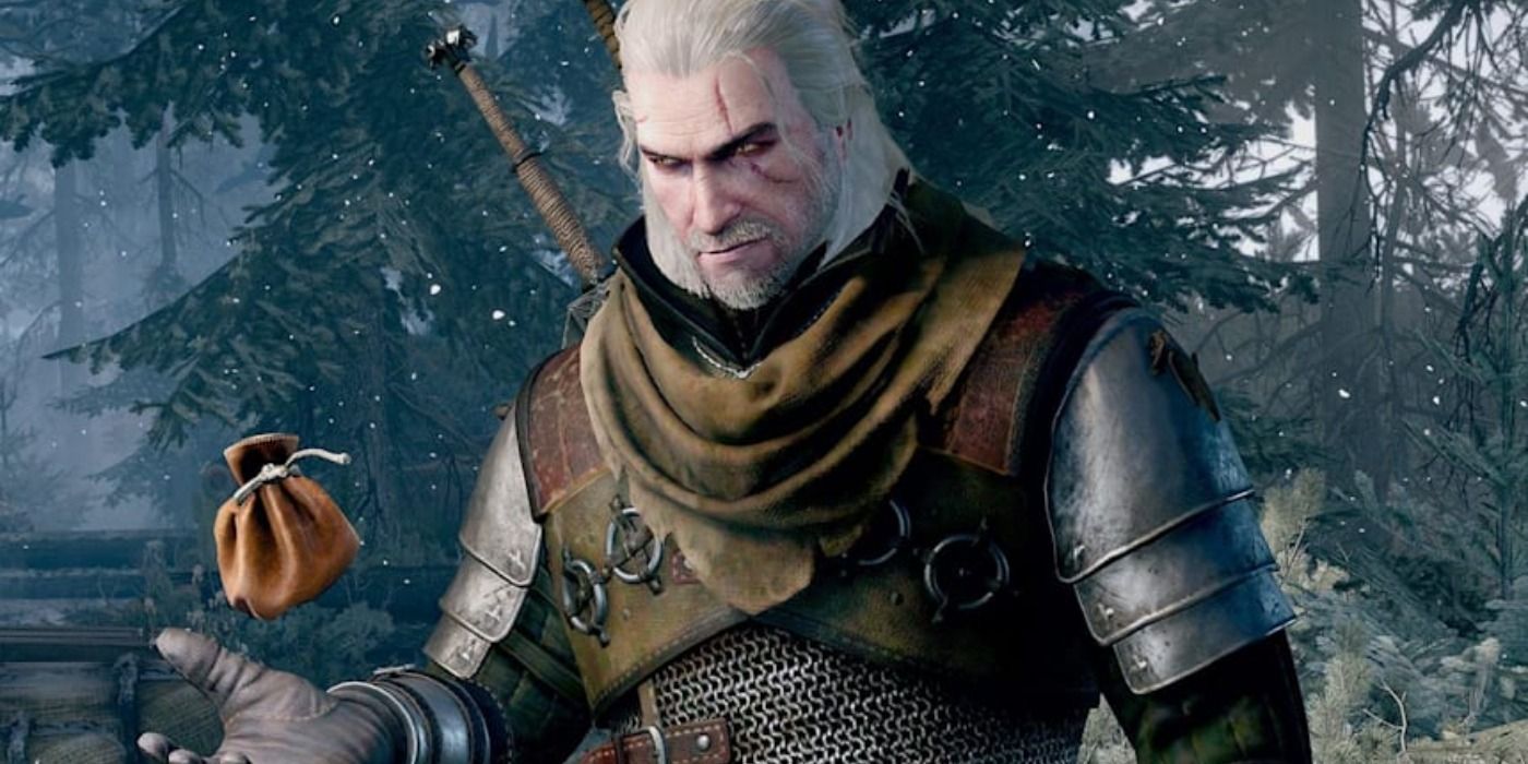 image of Geralt tossing a coin bag and smirking from The Witcher III