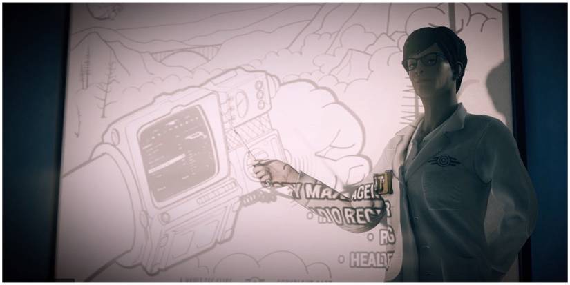 The Vault 76 Overseer giving a presentation