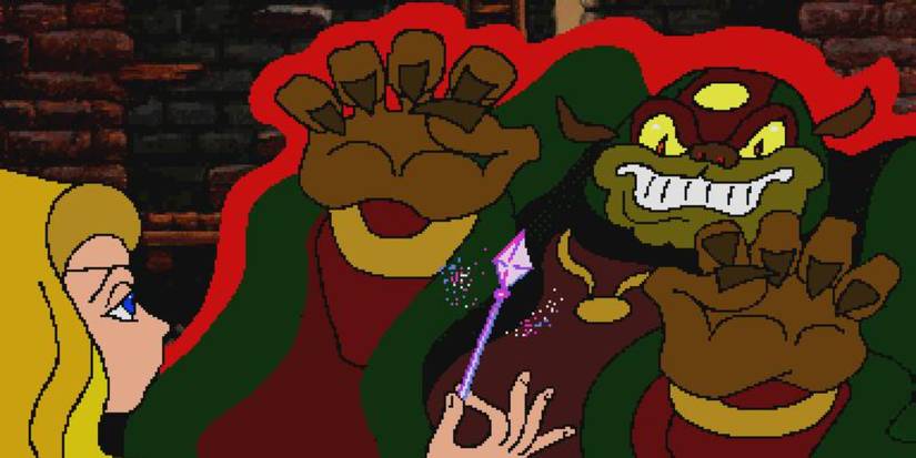 Zelda waves a wand to seal Ganon into the Book of Koridai in Zelda: The Wand of Gamelon