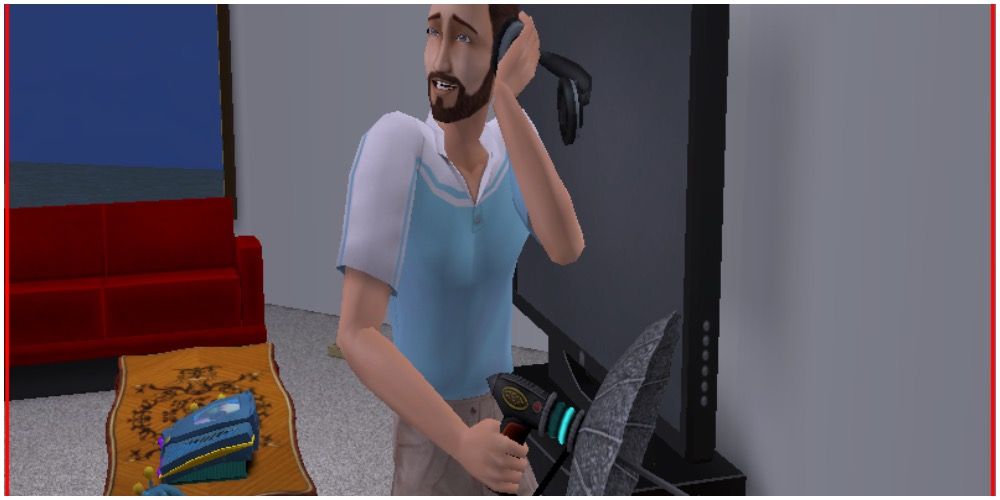 A Sim using the spy device to listen in to others