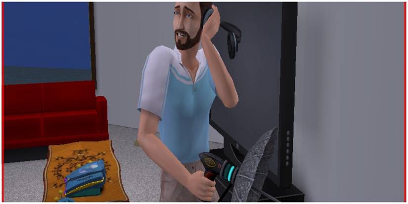 A Sim using the spy device to listen in to others