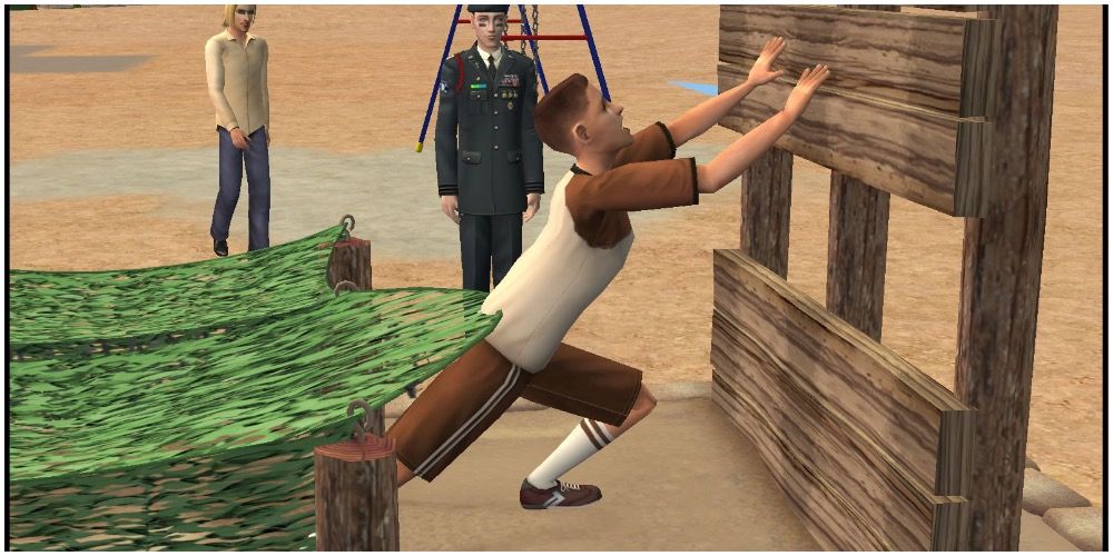 A Sim running the military obstacle course