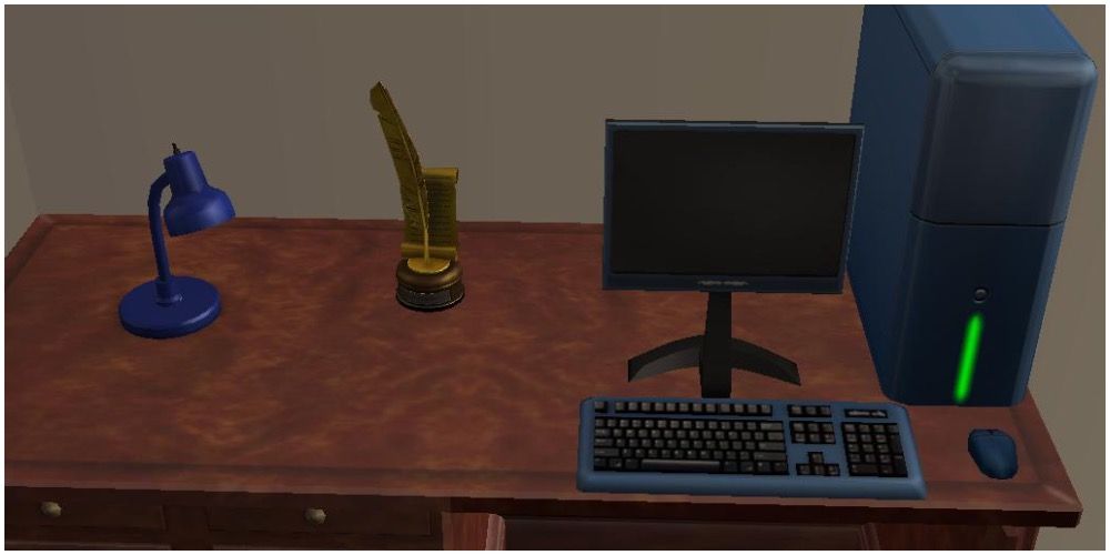 A journalism award on a Sim's computer desk