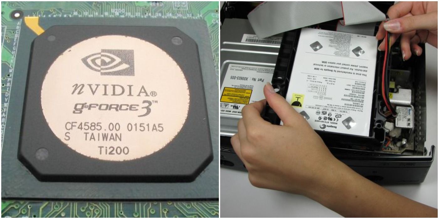 images of an Nvidia GPU and the original Xbox hard drive