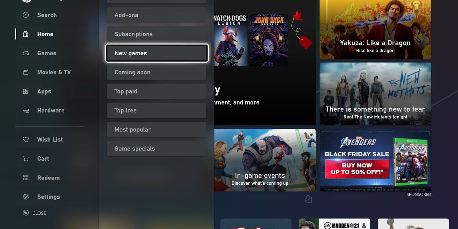 Xbox store page quick menu