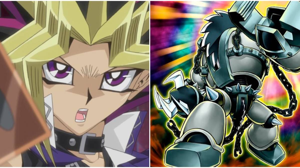 Yugi drawing a card and Grinder Golem artwork