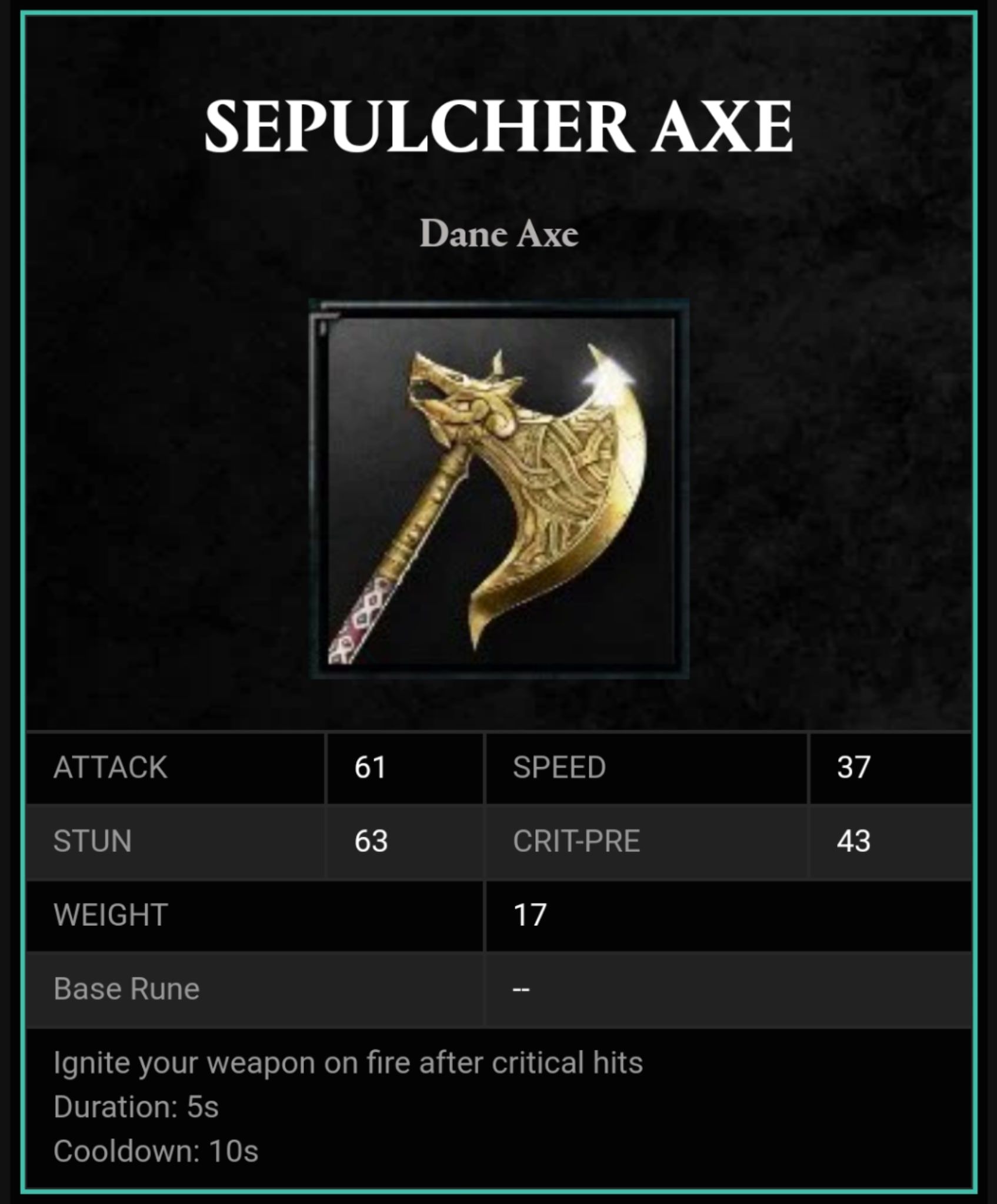 Sepulcher Fire Axe stat block