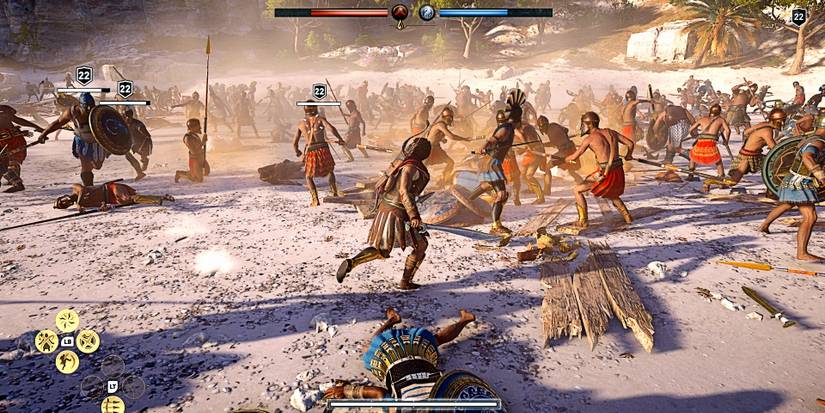 kassandra running into a fight on the beach.