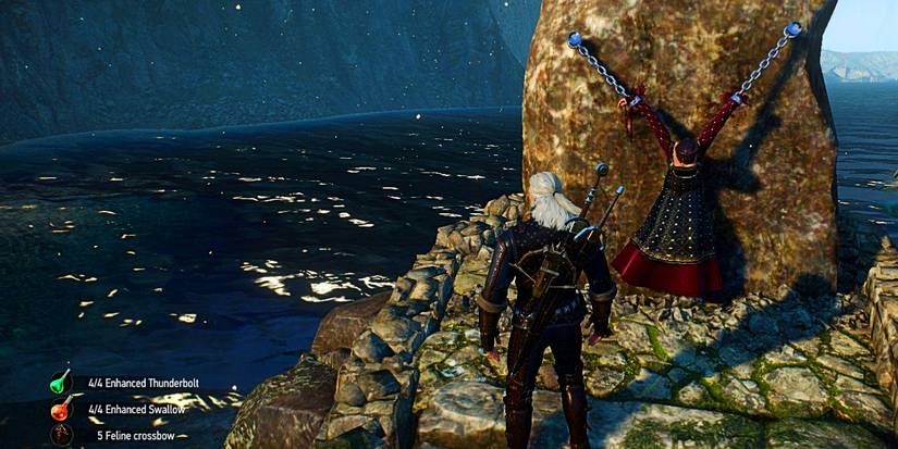 Birna Bran's corpse chained to a rock in The Witcher 3