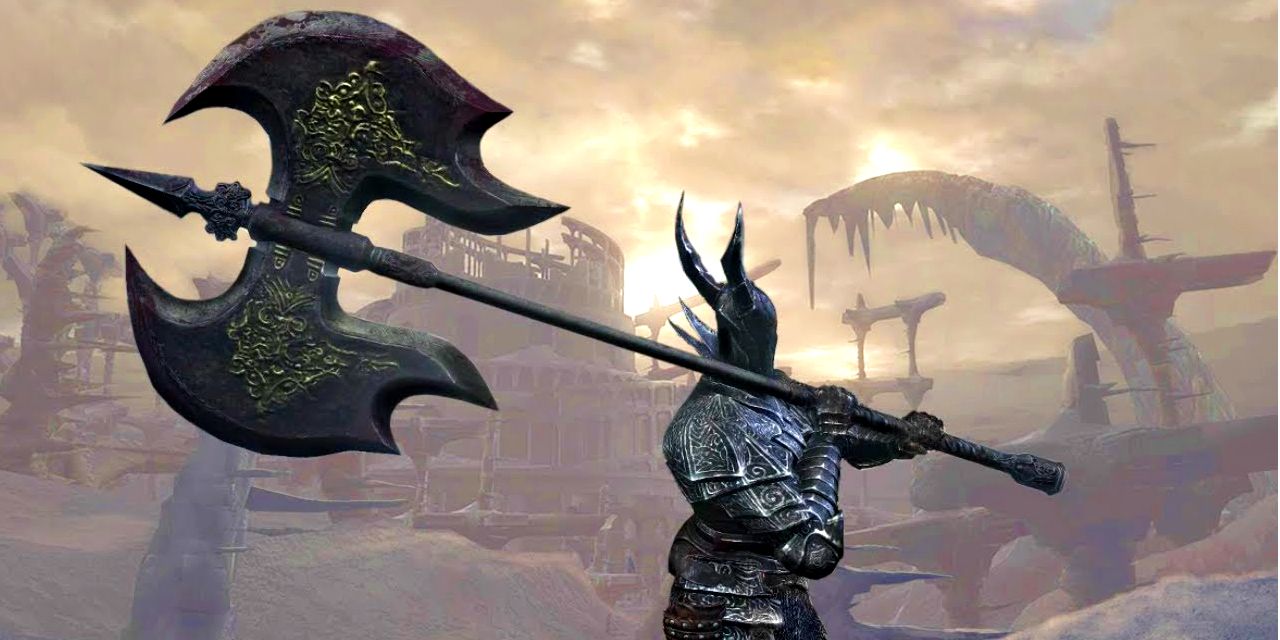 player in black knight armor holding a black greataxe.
