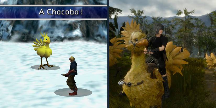 A Chocobo in battle (Final Fantasy VII) and Noctis rising a Chocobo (Final Fantasy XV)
