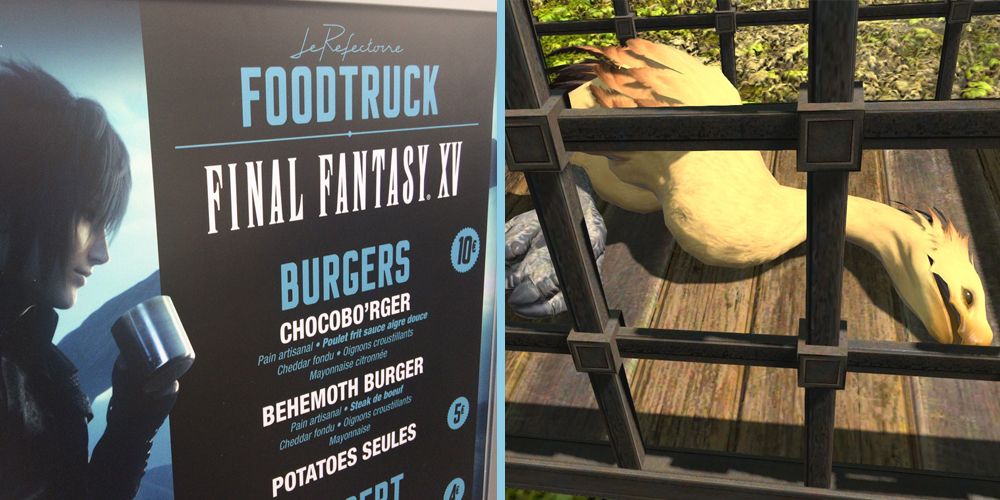 A Chocobo burger at the 2015 Paris Game Show and a mistreated Chocobo (Final Fantasy XIV)