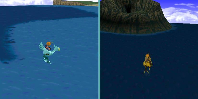 Blue and gold Chocobos walking on water in Final Fantasy VII