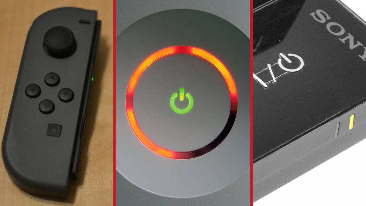 A Nintendo Switch Joy Con, The Red Ring of Death (Xbox 360) and The Yellow Blinking Light of Death (PS3)