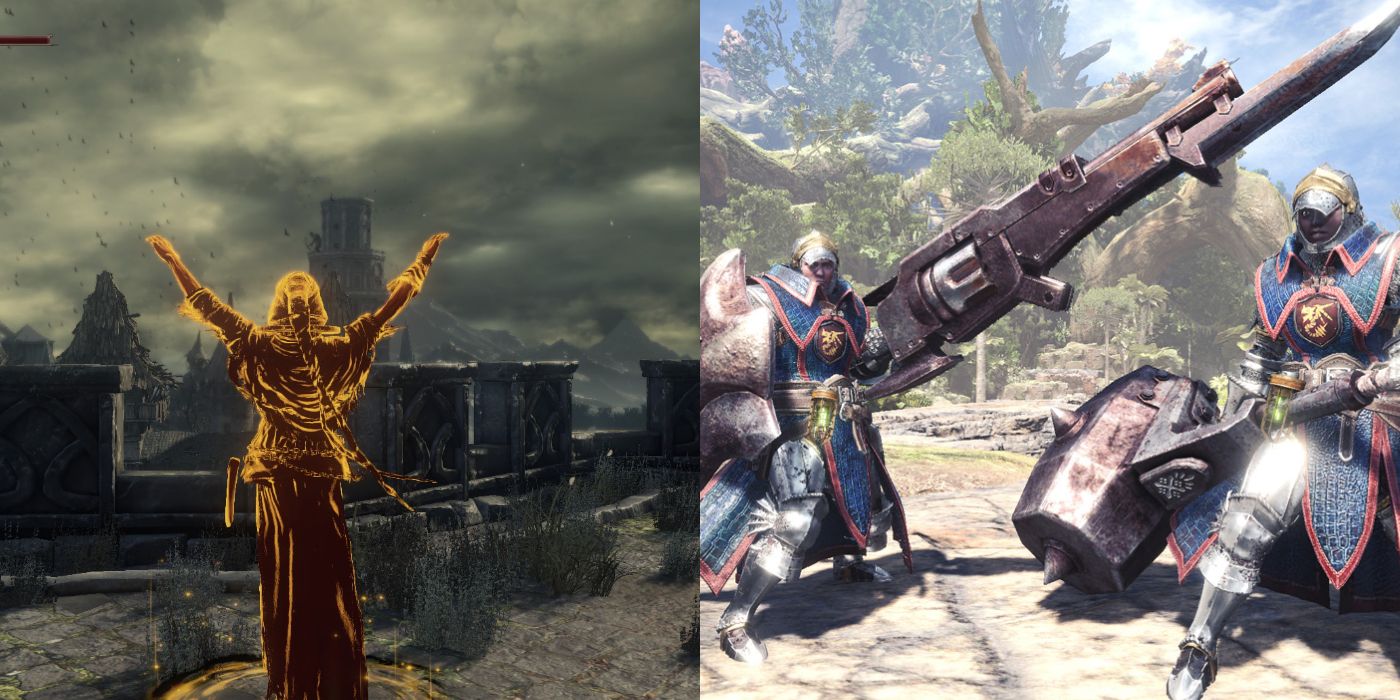 (Слева) Призыв Dark Souls 3 (Справа) Персонажи Monster Hunter: World Coop